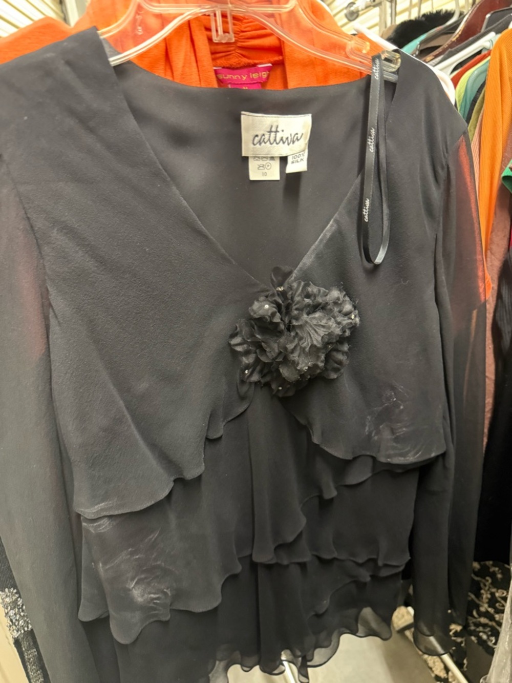 Cattiva Black Layered Chiffon Flower Detail Women's Top